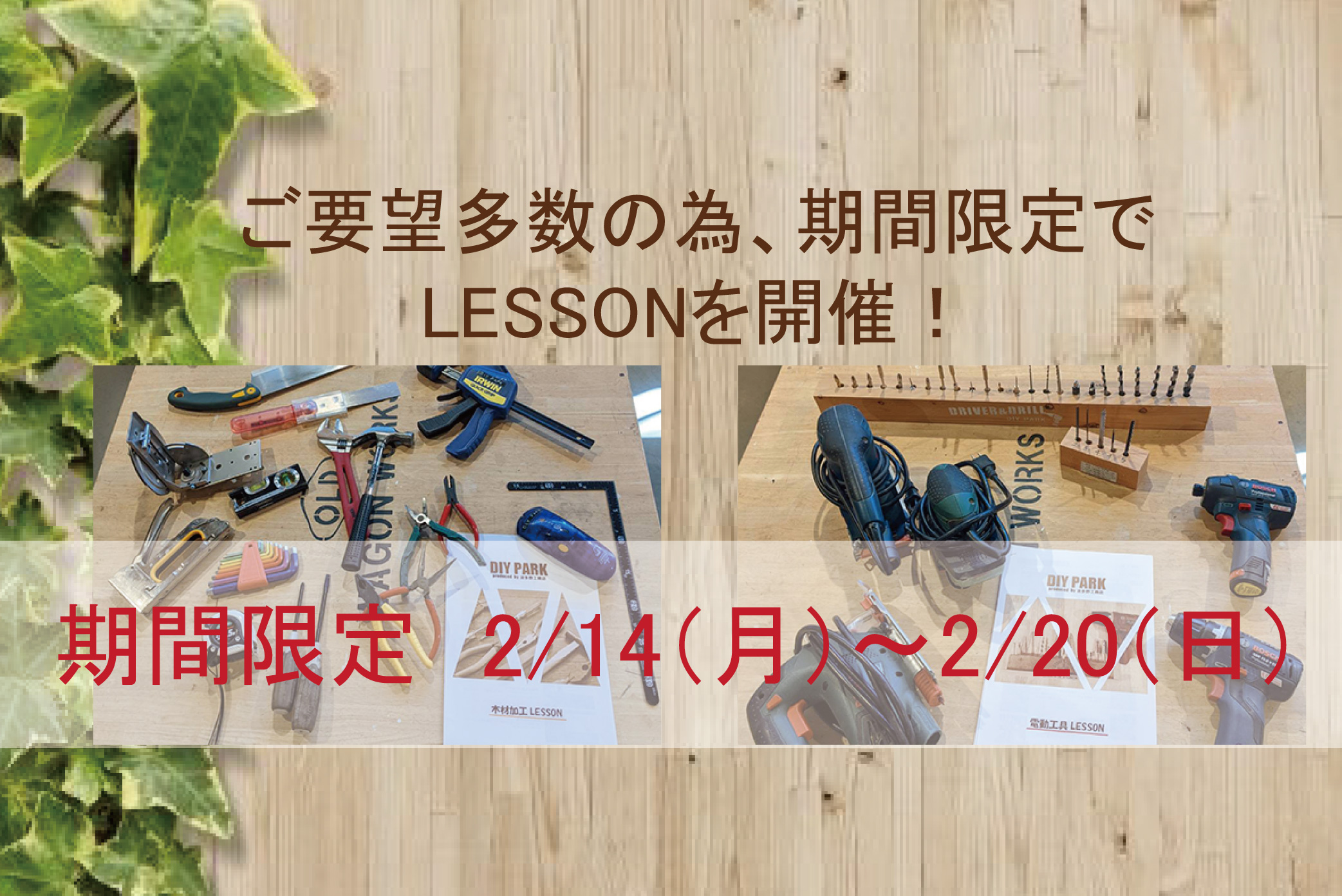 【2月14日（月）～2/20日（日）限定！】ご要望多数の為、木材加工、電動工具のLESSONを開催します！